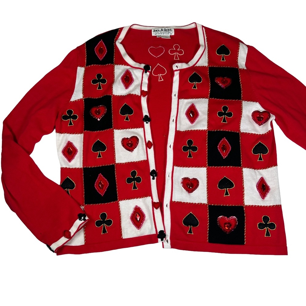 Vintage Red Card Suit Cardigan sweater spade club heart‎ diamond beaded